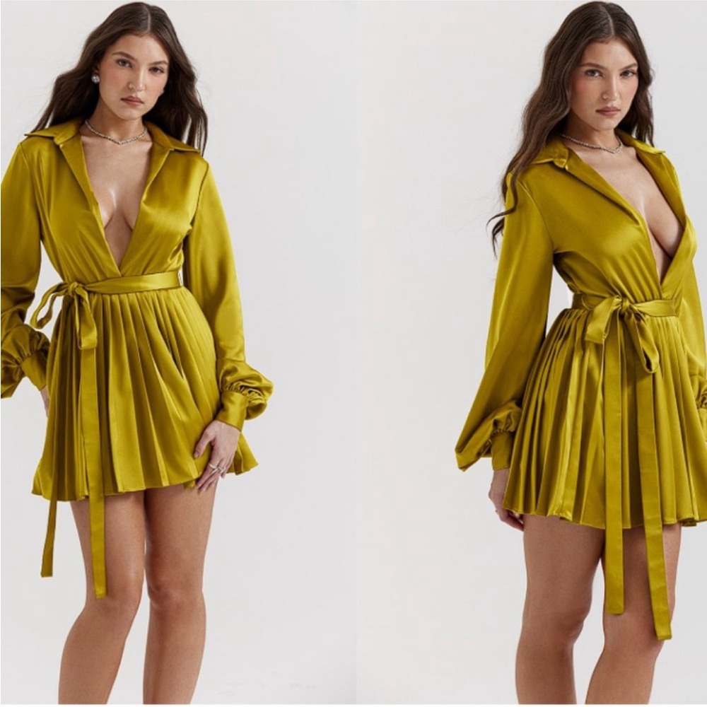 HOUSE OF CB‎ 'Allegra' Chartreuse Pleated Shirt Dress NWOT size S